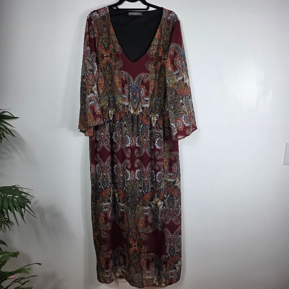 Signature Collection Women Burgundy Paisley Bell Sleeve Maxi Dress‎ Plus Size - Picture 2 of 5